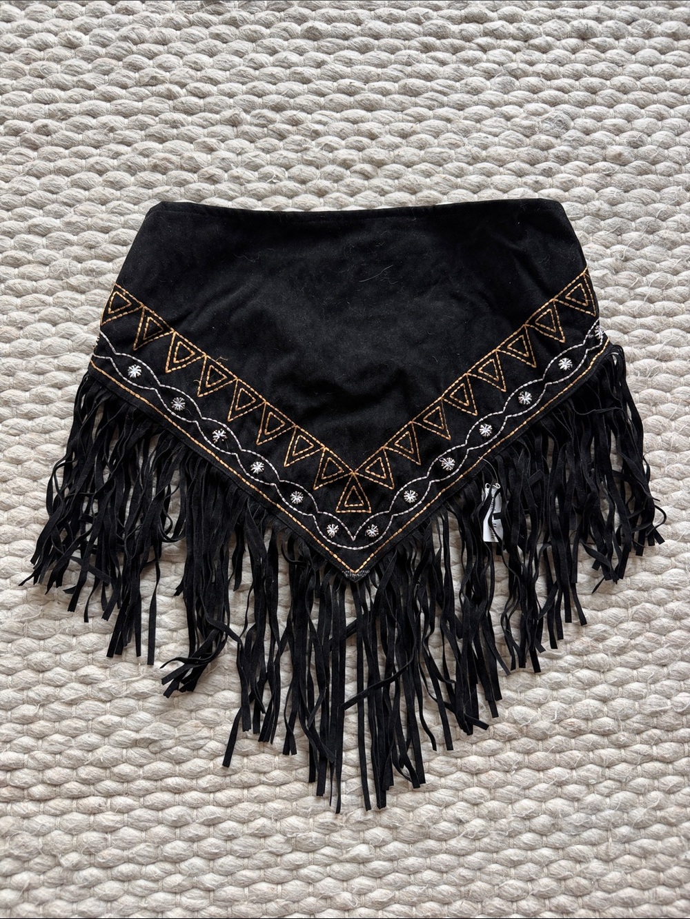 Ethel & Myrtle Black Fringe Crop Top Gold Cream Embroidery Tie Back Boho